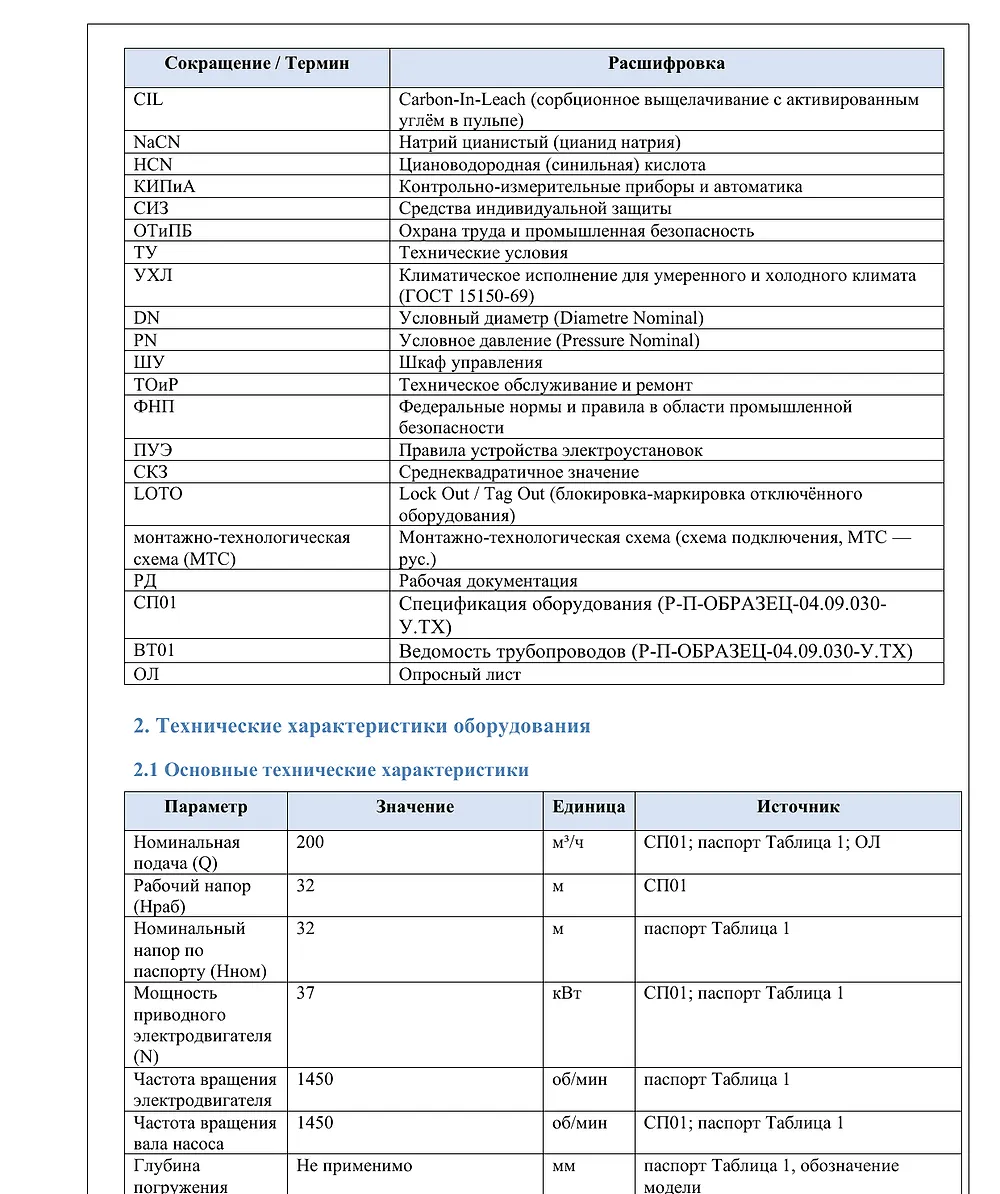 Фрагмент программы и методики испытаний: технические характеристики оборудования