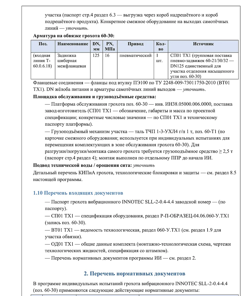 Фрагмент программы ПНР: перечень оборудования и нормативных документов